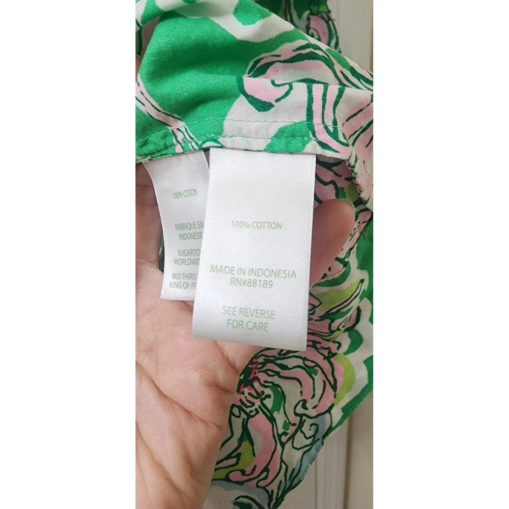 Lilly Pulitzer Green Pink Floral Cotton Puff Sleeve Blouse Top 013174 Size 12